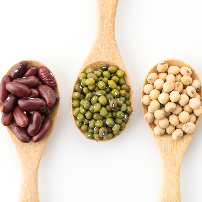 Beans Assorted beans in a colorful mix, showcasing a variety of shapes, sizes, and colors. The beans include red kidney beans, black beans, pinto beans, and white cannellini beans, among others. They are arranged in a random pattern, creating an appealing visual display. The beans are nestled together, with some beans partially overlapping each other.