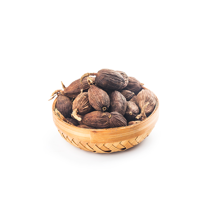 Brown - Black Cardamom The pods are dark brown or black in color, with a wrinkled appearance and a tough, leathery texture. They are arranged in a random pattern, showcasing their unique shape and size. The image captures the distinct appearance of brown-black cardamom pods, which are commonly used as a spice in Indian, Middle Eastern, and other cuisines.
