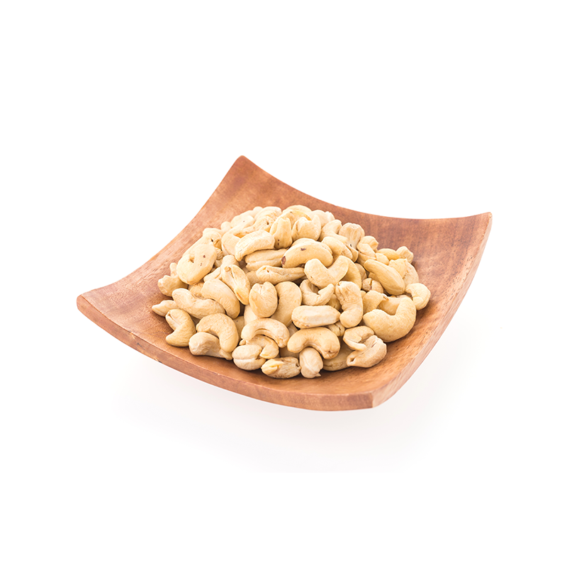 Cashew Nuts The nuts are kidney-shaped, with a curved, light beige or pale yellow shell that is attached to a small, dark brown, kidney-shaped kernel. The shell has a smooth, shiny surface, and the kernel is nestled inside, partially visible. The image captures the distinctive appearance of cashew nuts, a popular tree nut known for its rich, creamy flavor and crunchy texture.