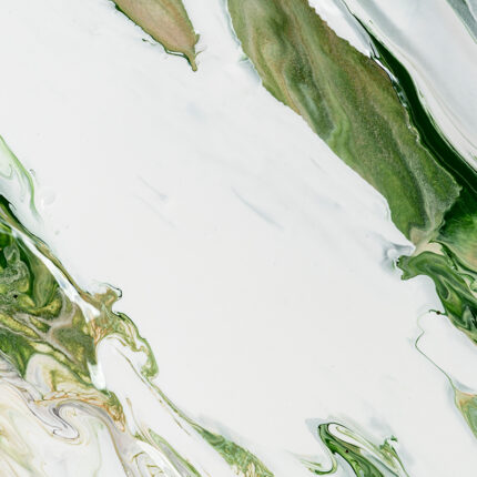 a detailed view of the marble's unique green and beige veining patterns resembling tree branches and leaves, set against a smooth polished surface.