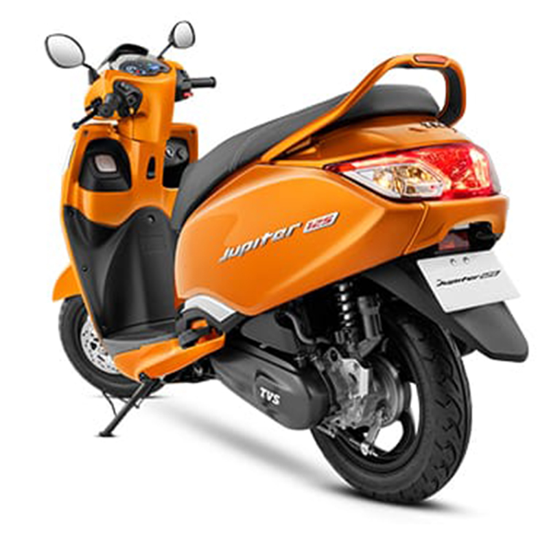 TVS Jupiter The scooter has a sleek and elegant design with a distinctive front apron, a wide and comfortable seat, and a large pillion grab rail. It features telescopic front suspension for a smooth ride, alloy wheels for stability, and a fuel-efficient engine. The Jupiter is known for its practicality, reliability, and user-friendly features, including a digital instrument cluster, external fuel filler cap, and ample storage space, making it a popular choice for daily commuting and city riding.
