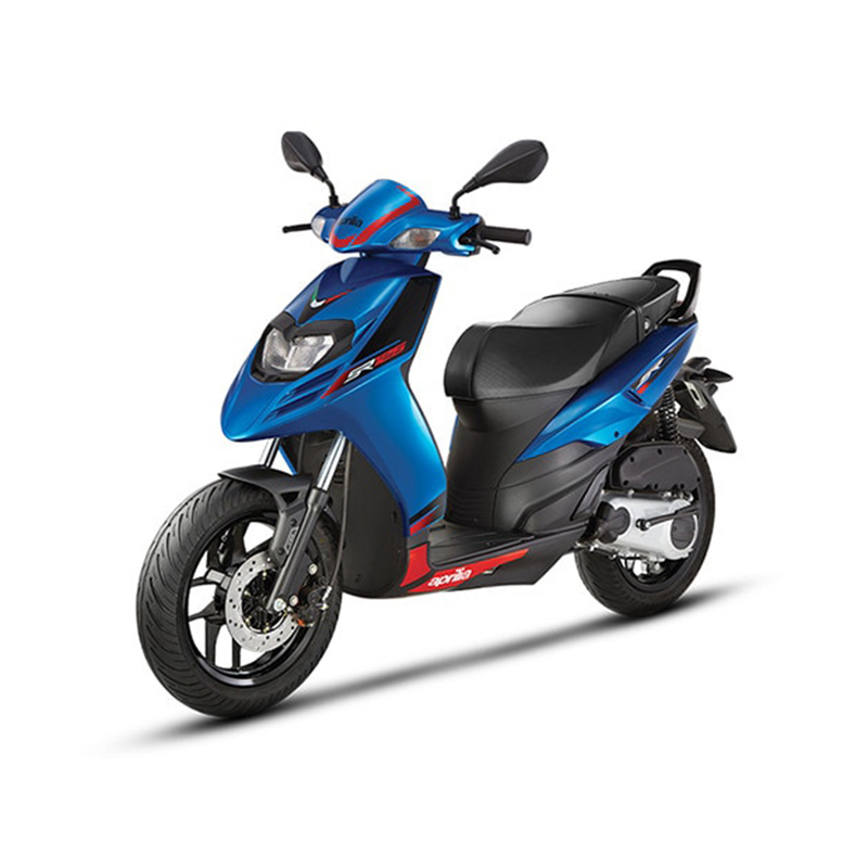 aprilia-sr125-right-side-view_930x620 The scooter features a sharp front end, angular body lines, and a distinctive headlamp design. It has a small windscreen, alloy wheels, and a comfortable seat. The scooter is powered by a 125cc engine and has a CVT transmission. The alt text describes the scooter's sleek appearance and performance characteristics.
