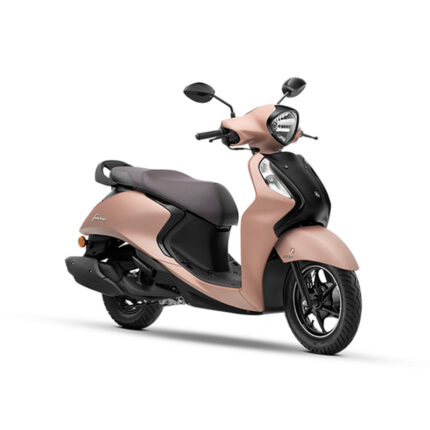 The scooter features a retro-modern design with a curvy body shape, round headlamp, and chrome accents. It has a glossy finish, sleek body graphics, and alloy wheels. The scooter has a comfortable seat with a backrest, and a storage compartment under the seat. It is powered by a fuel-efficient engine and has a CVT transmission. The alt text highlights the scooter's stylish appearance, vibrant color, and practical features.