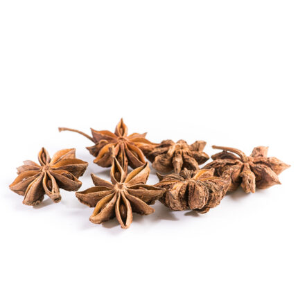 Star anise pods, a spice commonly used in Asian cuisine for its strong and licorice-like flavor and distinct star-shaped appearance.