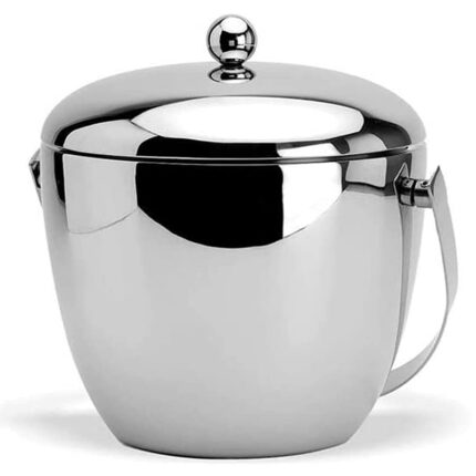 The ice bucket is designed in the shape of an apple, resembling the fruit, and is made of a durable material such as stainless steel or plastic.