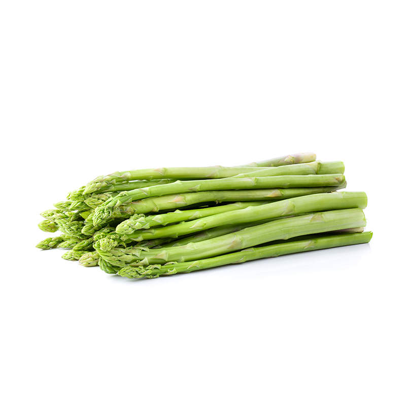 Asparagus "Close-up of a bundle of green asparagus spears on a white plate. The asparagus spears are long and thin with a vibrant green color and a slightly curved shape. They are topped with small, tightly closed buds at the tip. The image captures the appearance of asparagus, a vegetable known for its tender texture and delicate, earthy flavor.