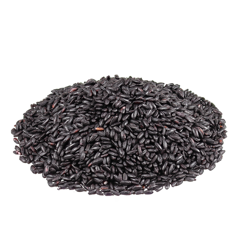 Black Rice_ The grains of black rice are small and glossy, with shades ranging from dark purple to black. The image may show a bowl of cooked black rice or a pile of uncooked rice grains. Black rice is also referred to as forbidden rice and is often associated with its historical significance and exclusivity in ancient China.