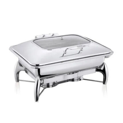 The chafing dish features a rectangular or round shape with a lidded container that holds hot water or a heat source, such as a fuel burner, underneath.