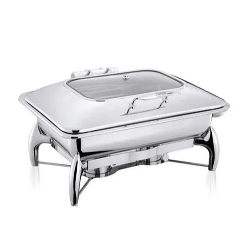 Cheffing dish The chafing dish features a rectangular or round shape with a lidded container that holds hot water or a heat source, such as a fuel burner, underneath.