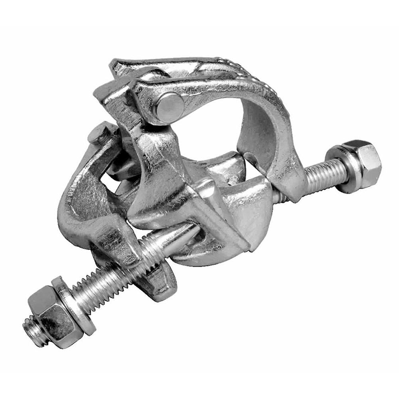 Coupler forged fix The coupler has two sets of jaws, each with teeth that grip onto the tubes, and a bolt that can be tightened to secure them in place. The coupler is made of metal and has a shiny, silver finish.