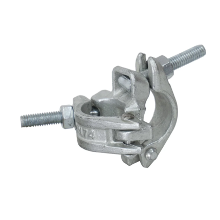 A piece of scaffolding equipment used to connect two horizontal tubes at a right angle. The coupler has two sets of jaws, each with teeth that grip onto the tubes, and a bolt that can be tightened to secure them in place. The coupler is made of metal and has a shiny, silver finish.