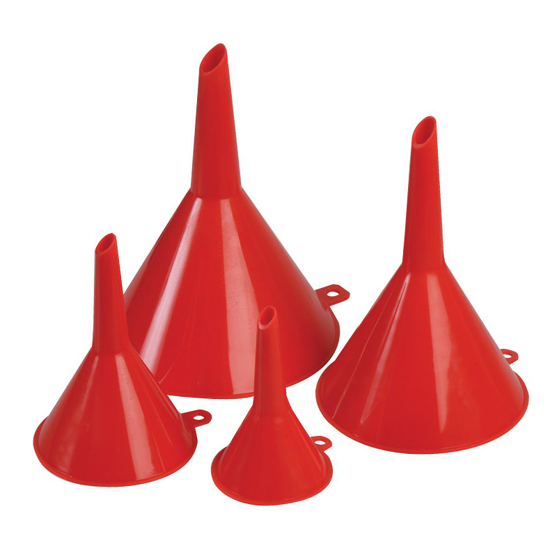 Funnel Set The set includes funnels of different sizes and shapes, made of plastic or metal. The funnels are arranged in a neat row on a workbench, with some of them hanging on a pegboard in the background.