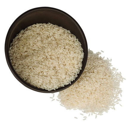 The grains of HMT Kolam rice are medium to long in length and have a white color. The image may show a bowl of cooked HMT Kolam rice or a pile of uncooked rice grains.