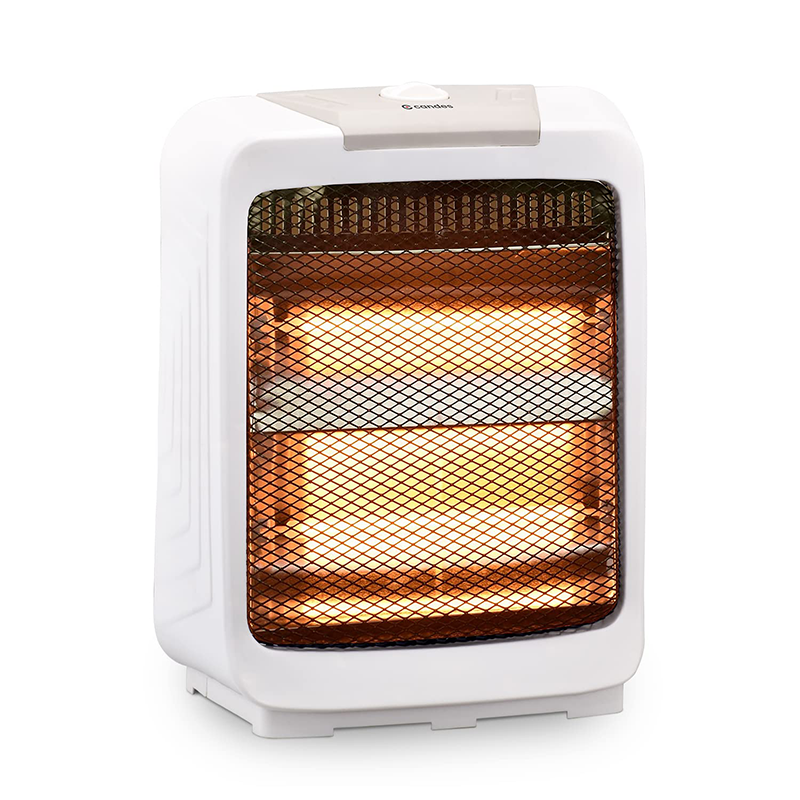 Halogen heaters The heater consists of one or more halogen bulbs mounted on a stand or base, and is enclosed in a wire mesh or grill for safety. The bulbs emit a bright, warm light and heat up quickly, making the heater ideal for spot heating or for use in small rooms. The heater may also have adjustable settings for temperature and power, and may be equipped with a timer or oscillation feature.