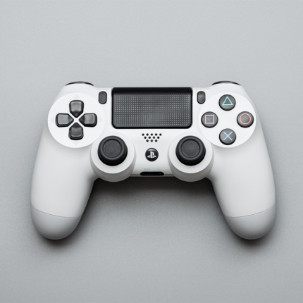 The joystick may have a base with buttons or triggers, and a stick that can be tilted or rotated in various directions.
