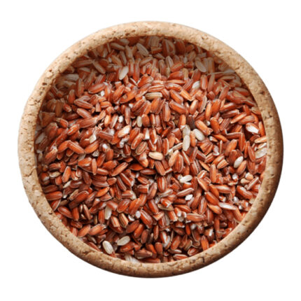 . The grains of Mappillai Samba rice are medium to long in length and have a reddish-brown color. The image may show a bowl of cooked Mappillai Samba rice or a pile of uncooked rice grains.