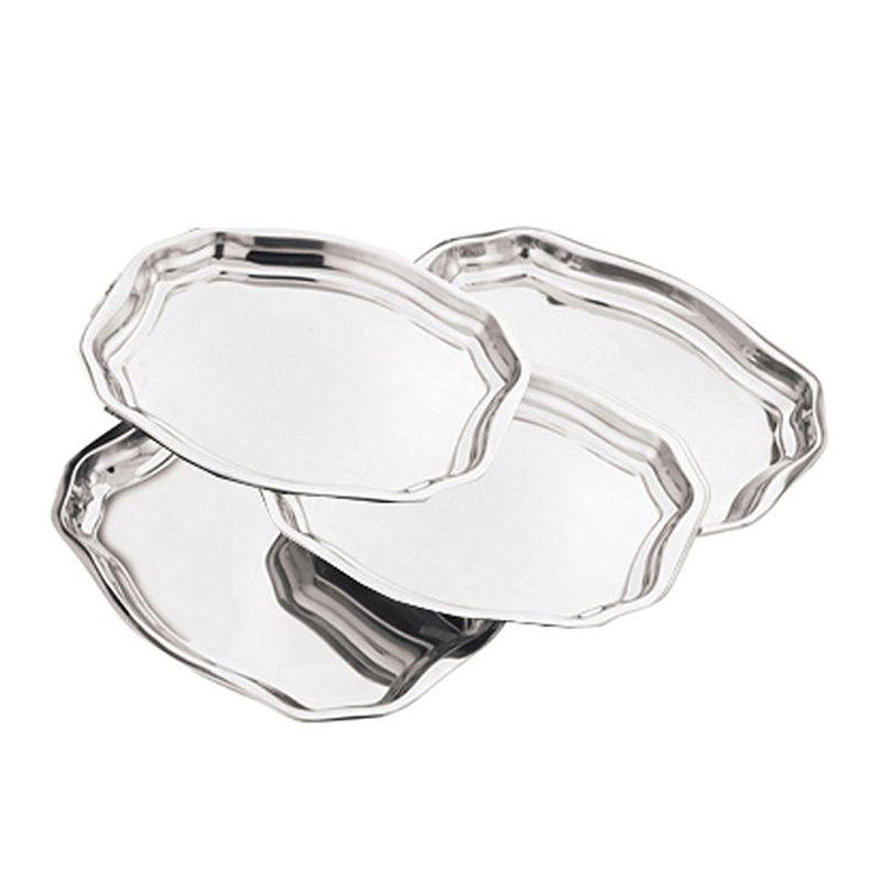 Miraz tray Miraz steel tray with a contemporary design, crafted from durable stainless steel. The tray features a sleek and polished surface, making it perfect for serving drinks, appetizers, or desserts.