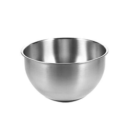 The mixing bowl is made of ceramic or glass material, known for its heat resistance and non-reactive properties.
