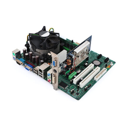 The motherboard image may show the PCB (printed circuit board) with its complex network of traces and components. It may also show the slots, connectors, and sockets on the motherboard for installing CPU, RAM, expansion cards, and other peripherals.
