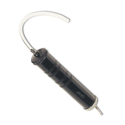 The gun features a metallic body with a black rubber grip handle, a nozzle for inserting into the oil reservoir, and a suction pump for extracting the oil. The gun is designed to be easy to use and is commonly used in automotive and industrial settings for oil changes and maintenance.