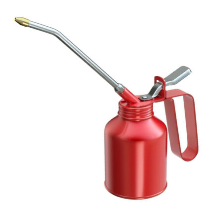 The cans come in different sizes and shapes and have a spout for pouring the oil. The cans are placed on a wooden surface and arranged in a neat row.