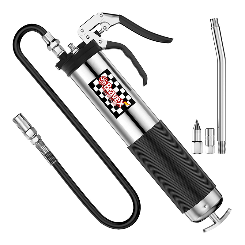 Pistol Grip Grease gun – Heavy Duty_ Designed for lubricating machinery and equipment. The grease gun features a metallic body with a black rubber grip handle, a nozzle, and a lever for dispensing grease