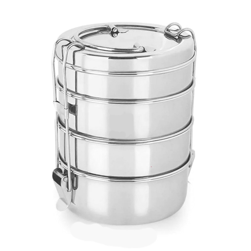 RoundTiffin The tiffin is commonly made of stainless steel or other sturdy materials, and it features a handle for easy carrying.
