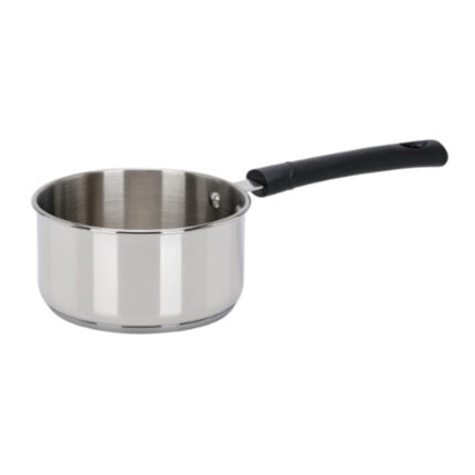 The sauce pan is typically made of stainless steel or other heat-conductive materials.