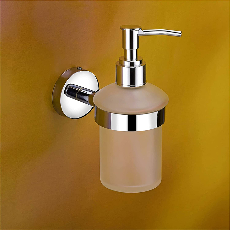 Soap dispenser_ The dispenser is typically made of plastic or metal and has a pump mechanism or push-button for dispensing the soap. It may have a clear or opaque reservoir to monitor the soap level.