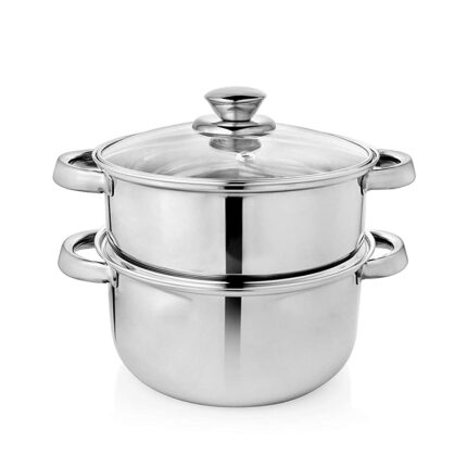 The steamer set typically includes a large pot or saucepan with a tight-fitting lid and a steamer insert or basket.