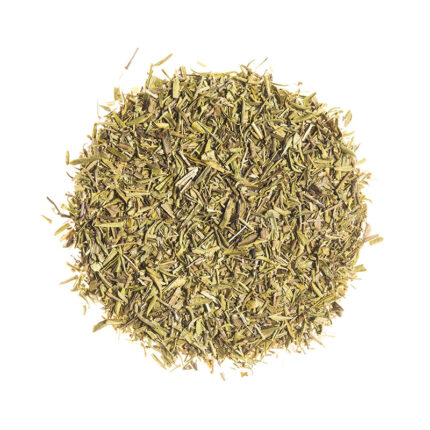 The leaves are green and have a narrow, elongated shape, with a slightly wrinkled surface. The image captures the appearance of Summer savory, an herb commonly used in Mediterranean and European cuisines. The alt text conveys the green color, elongated shape, and wrinkled surface of Summer savory leaves.