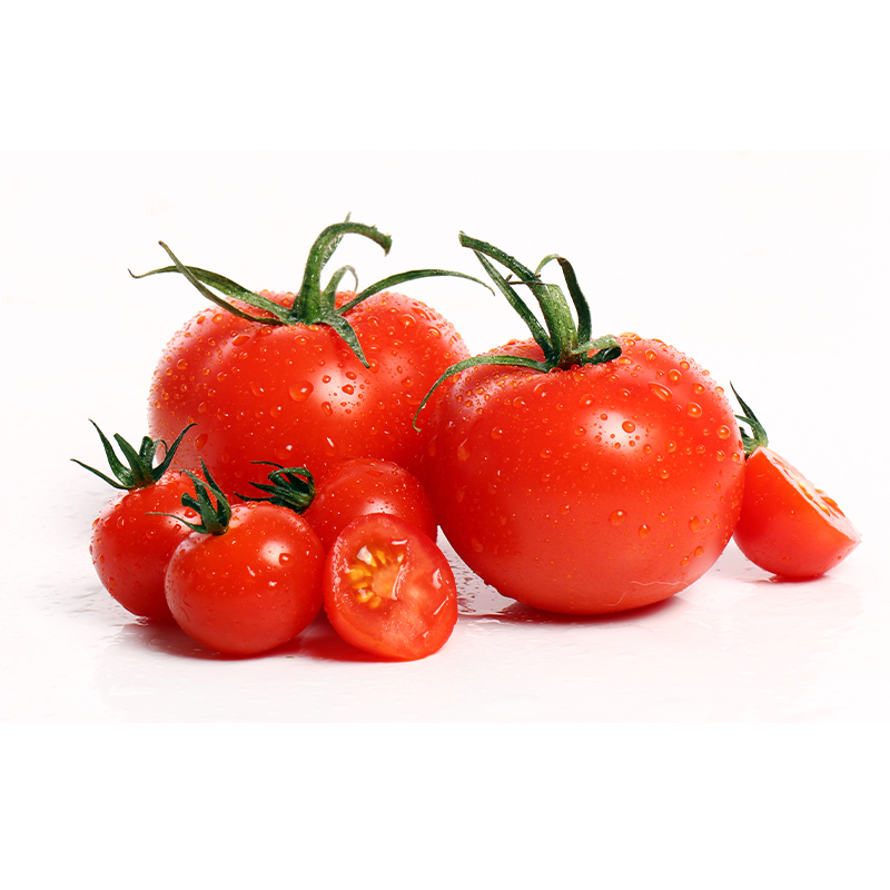 Tomatoes A group of ripe red tomatoes, a round or oblong-shaped fruit with a smooth, shiny skin and a juicy interior containing many small, edible seeds. Tomatoes are a popular ingredient in many cuisines and can be eaten raw or cooked in various dishes such as salads, sandwiches, and pasta sauces