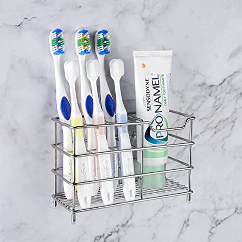Toothbrush holder The holder is made of plastic or ceramic and features multiple slots or compartments to accommodate toothbrushes. It may have a stand or wall-mounted design, with the toothbrushes placed upright or suspended in the holder.