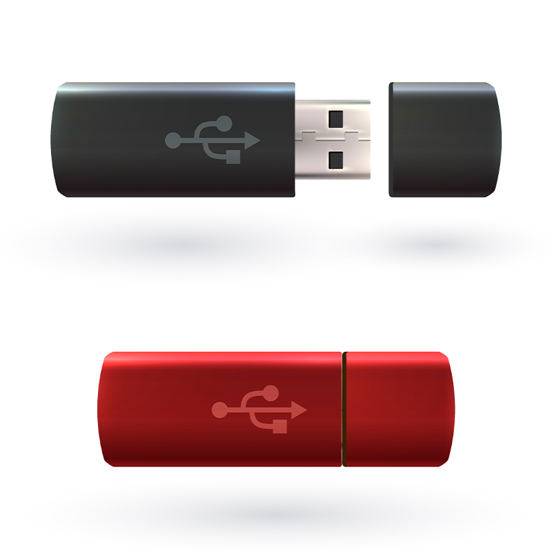 USB flash drive . The flash drive may have a small rectangular or stick-like shape, with a USB connector on one end and a protective cap or sliding mechanism to cover the connector.