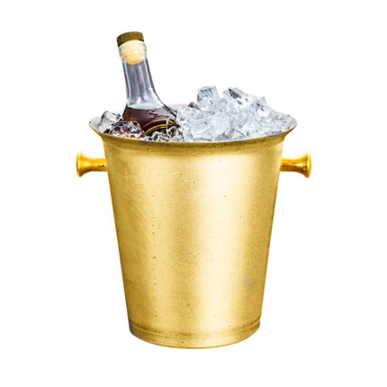 The champagne bucket is typically made of a durable material such as stainless steel or silver, featuring a sleek and elegant design.