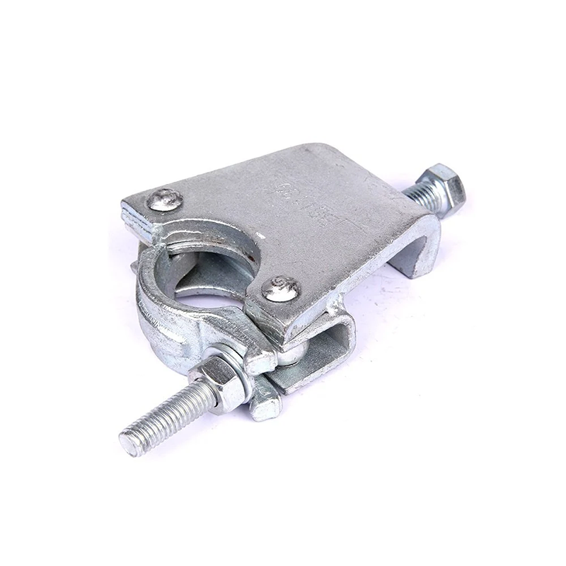girder coupler The coupler has a C-shaped design and is made of metal with a shiny, silver finish. It has two sets of jaws, one of which grips onto the scaffold tube and the other onto the girder, and a bolt that can be tightened to secure them in place. The girder coupler is designed to provide a secure and stable connection between the scaffold and the girder.
