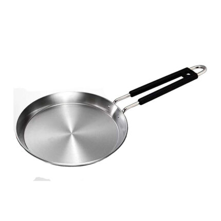 It features a shallow, curved shape with sloping sides, allowing for easy flipping and sliding of the omelette during cooking.