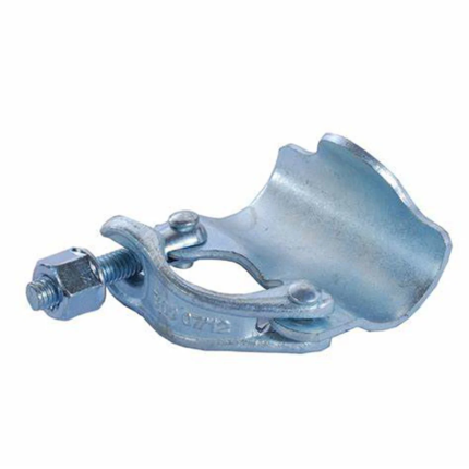 The coupler has a flat, rectangular shape and is made of metal with a silver or gray finish. It has a set of jaws that grip onto the scaffold tube and another set that clamps onto the wall or surface. The coupler can be tightened using a bolt or lever to hold the tube securely in place.