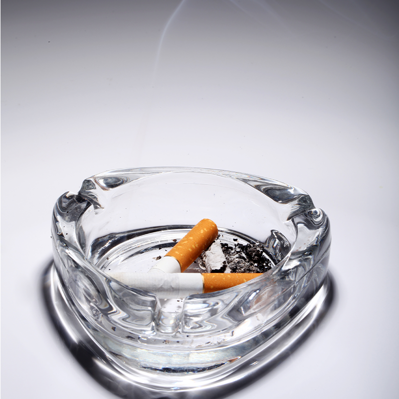 Ash tray Ash trays come in various materials such as glass, ceramic, or metal, and may have a simple or decorative design.