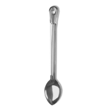 A basting spoon kitchen utensil with a long handle and a large, flat, and shallow bowl-shaped head, used for scooping and distributing liquids, such as sauces or drippings, over food while cooking or basting meat.