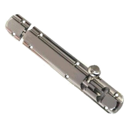 A sturdy and reliable tower bolt with a crown-shaped knob, ideal for securing doors and gates.