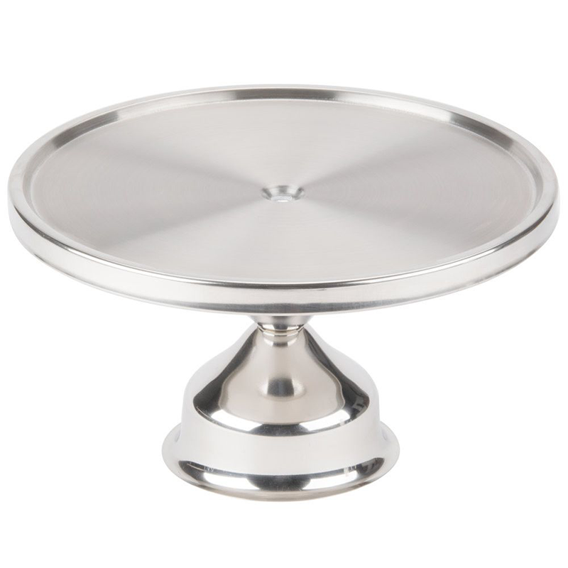 Cake stand The cake stand is typically made of materials such as glass, porcelain, or metal, and features a flat or slightly elevated surface on which the cake is placed.
