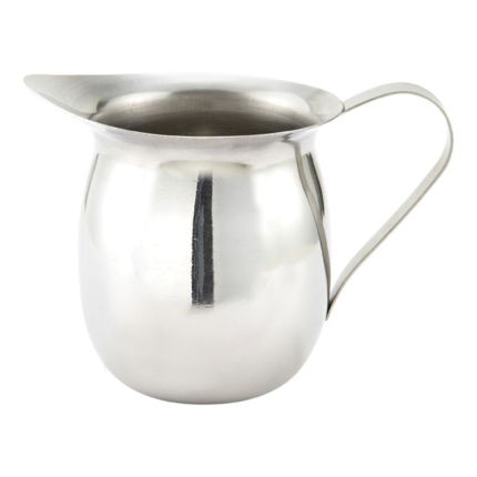 The creamer steel is typically compact in size and has a handle for easy pouring.