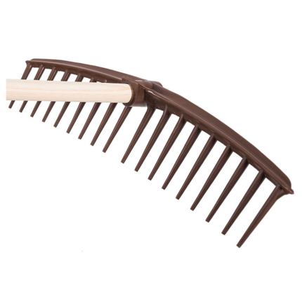 A versatile tool with a series of tines or teeth used for gathering and leveling soil, removing debris, and preparing the ground for planting in gardening and landscaping tasks.