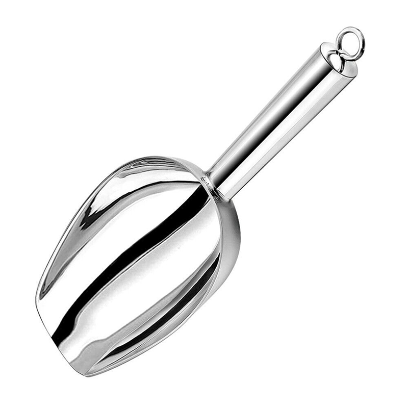 Ice scoop The ice scoop is commonly made of stainless steel or durable plastic and is used in bars, restaurants, and homes for adding ice to beverages, chilling food, or filling ice buckets.