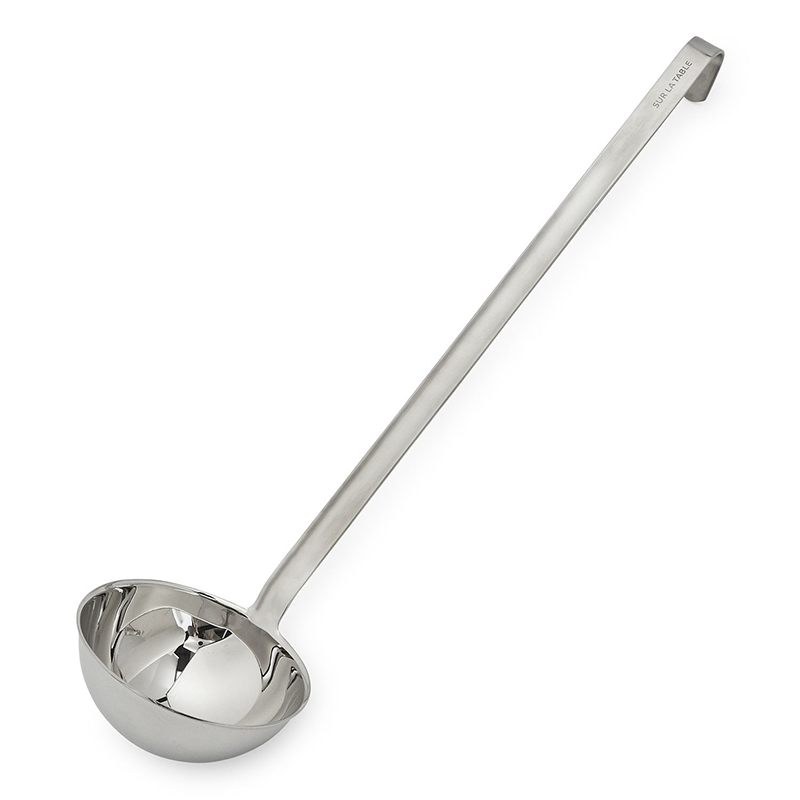 Ladle A ladle kitchen utensil with a long handle and a deep, rounded bowl-shaped scoop at the end, used for serving and portioning liquids such as soups, stews, and sauces.