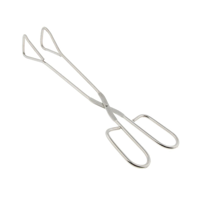 Meat tong A pair of sturdy stainless steel meat tongs with long handles and gripping ends. The meat tongs are designed for handling and flipping various types of meat on a grill or stovetop.