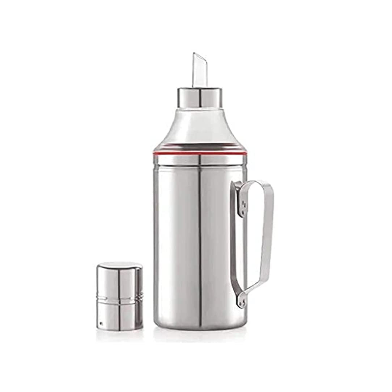 Oil container This container is typically made of glass or plastic and features a narrow spout or pourer for controlled pouring.
