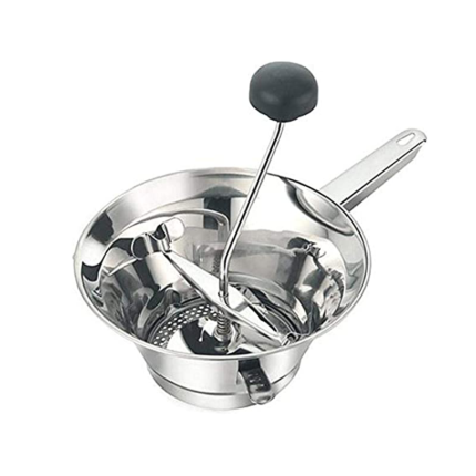 It typically consists of a handle attached to a perforated plate or grid, allowing food to be pressed through the holes, resulting in a smooth and pureed texture.