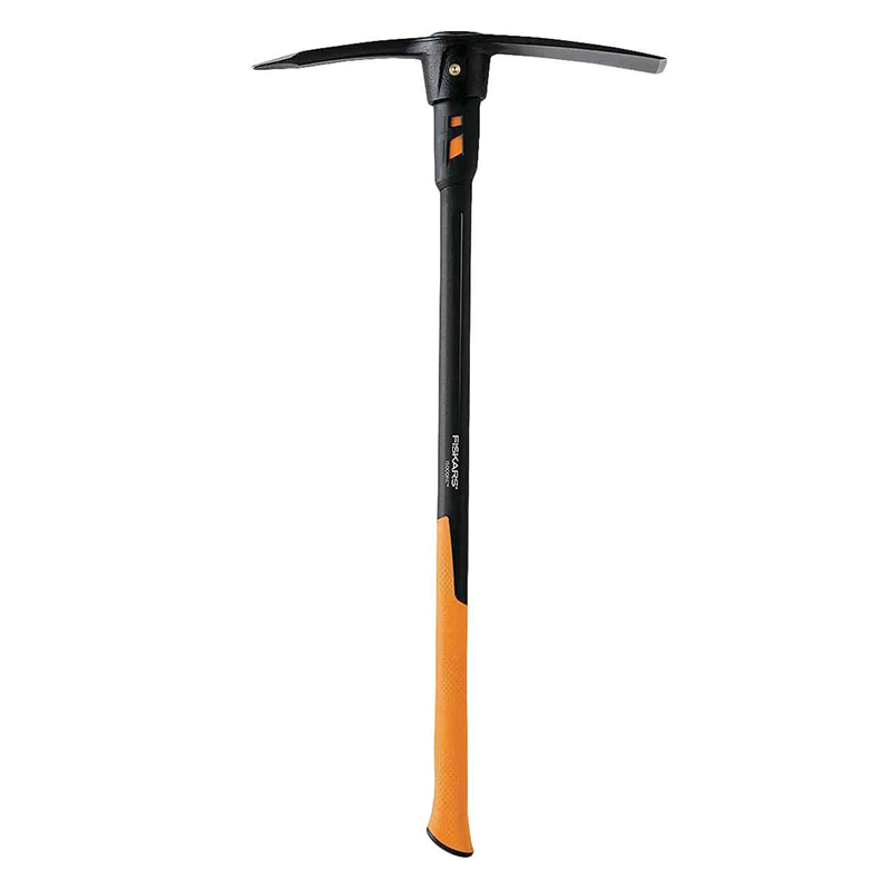 Pick Axe A heavy-duty hand tool with a pointed tip on one end and a flat chisel-like blade on the other, used for digging, breaking up hard soil, and removing rocks or debris in construction, gardening, and mining.